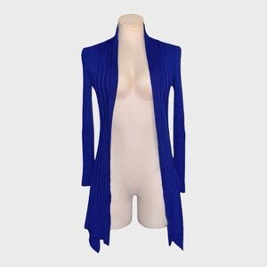 Blue Ribbed Open Front Cardigan Long Sleeve Drape Hem
